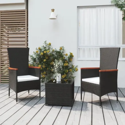 Ensemble de salon de jardin 3 pcs noir poly rotin et acier