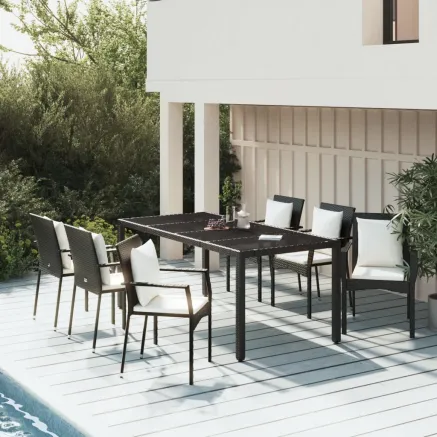 Ensemble à manger de jardin coussins 7pcs Noir Résine tressée