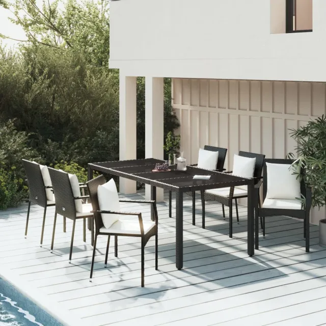 Ensemble à manger de jardin coussins 7pcs Noir Résine tressée