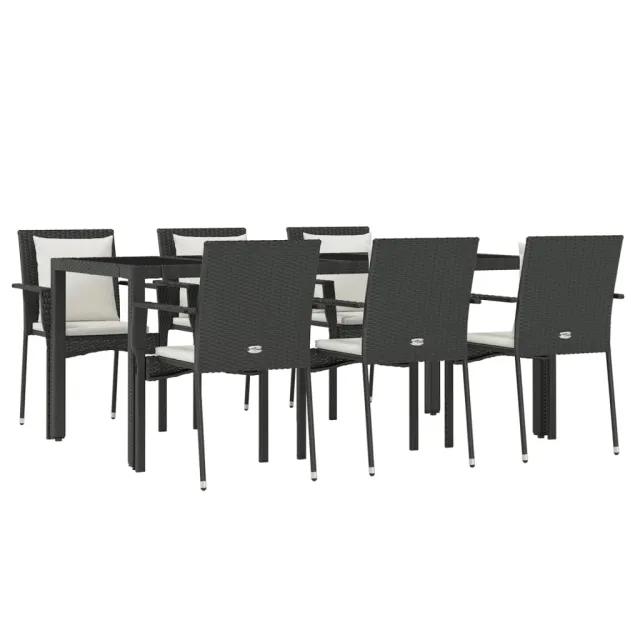 Ensemble à manger de jardin coussins 7pcs Noir Résine tressée