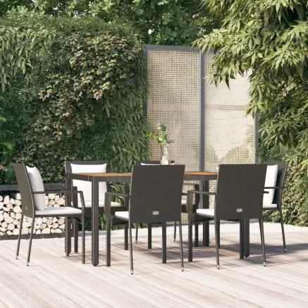 Ensemble à manger de jardin coussins 7pcs Noir Résine tressée