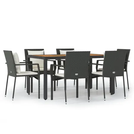 Ensemble à manger de jardin coussins 7pcs Noir Résine tressée