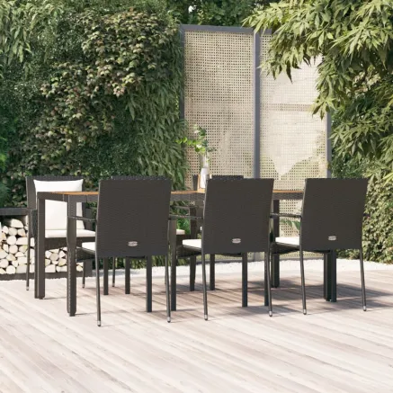 Ensemble à manger de jardin coussins 7pcs Noir Résine tressée