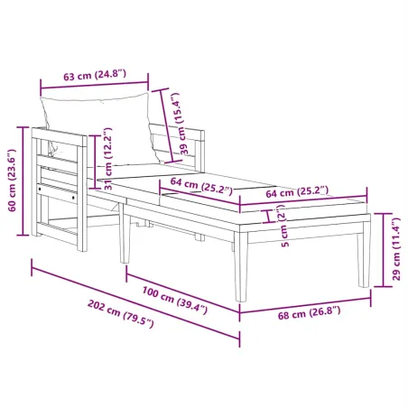Chaise longue avec coussins gris foncé Bois d'acacia solide