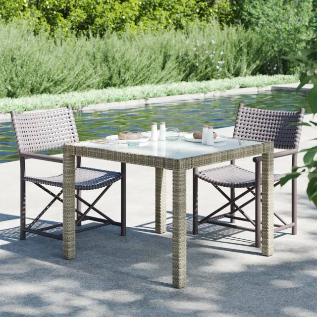 Table de jardin 90x90x75 cm Verre trempé et résine tressée Gris