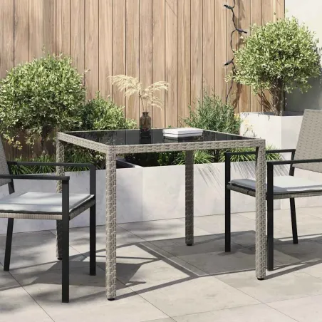 Table de jardin 90x90x75 cm Verre trempé et résine tressée Gris