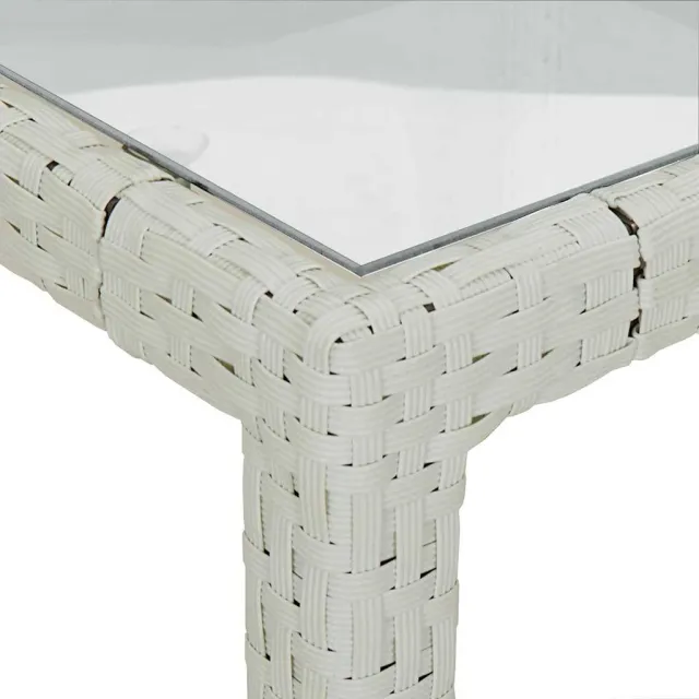 Table de jardin 90x90x75cm Verre trempé et résine tressée Blanc