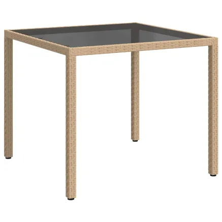 Table de jardin 90x90x75cm Verre trempé et résine tressée Beige 2