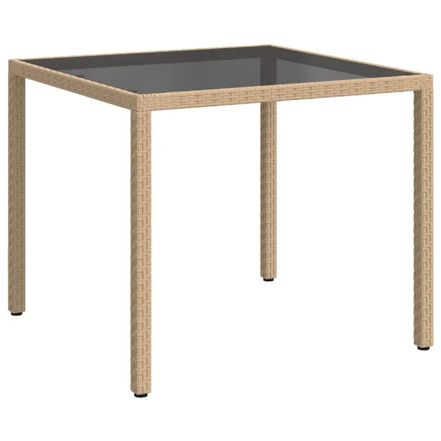 Table de jardin 90x90x75cm Verre trempé et résine tressée Beige