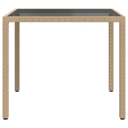 Table de jardin 90x90x75cm Verre trempé et résine tressée Beige