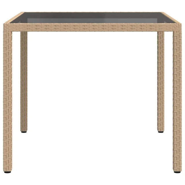 Table de jardin 90x90x75cm Verre trempé et résine tressée Beige