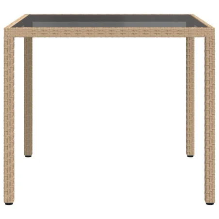 Table de jardin 90x90x75cm Verre trempé et résine tressée Beige