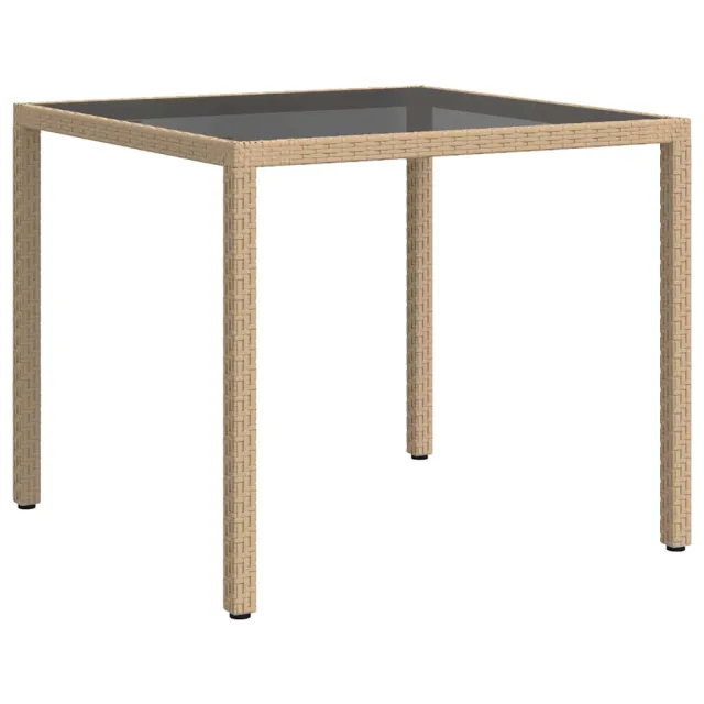 Table de jardin 90x90x75cm Verre trempé et résine tressée Beige