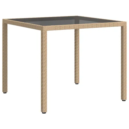 Table de jardin 90x90x75cm Verre trempé et résine tressée Beige