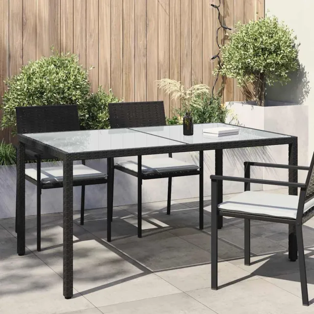 Table de jardin 150x90x75cm Verre trempé et résine tressée Noir