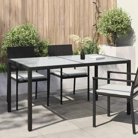 Table de jardin 150x90x75cm Verre trempé et résine tressée Noir