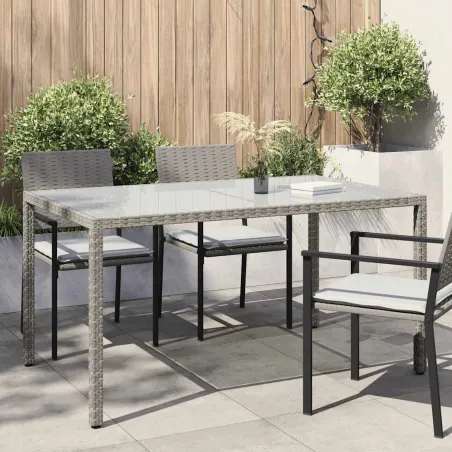 Table de jardin 150x90x75 cm Verre trempé et poly rotin Gris