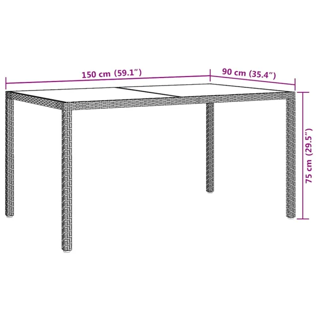 Table de jardin 150x90x75 cm Verre trempé et poly rotin Gris