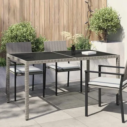 Table de jardin 150x90x75 cm Verre trempé et poly rotin Gris