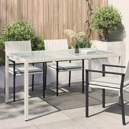Table de jardin 150x90x75 cm Verre trempé/résine tressée Blanc