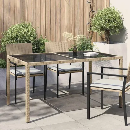 Table de jardin 150x90x75 cm Verre trempé/résine tressée Beige