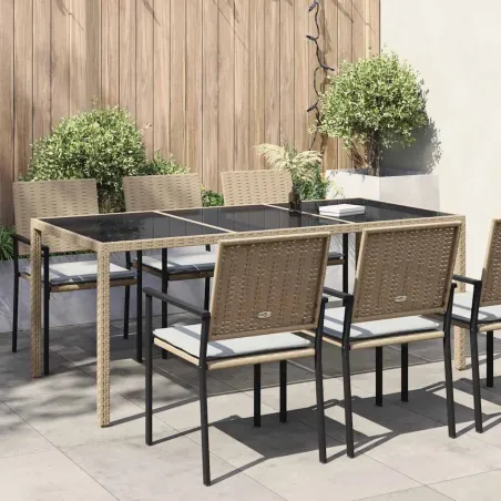 Table de jardin Beige 190x90x75 cm Verre trempé/résine tressée