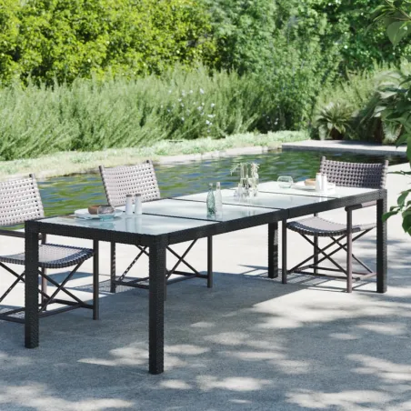 Table de jardin Noir 250x100x75 cm Verre trempé et poly rotin