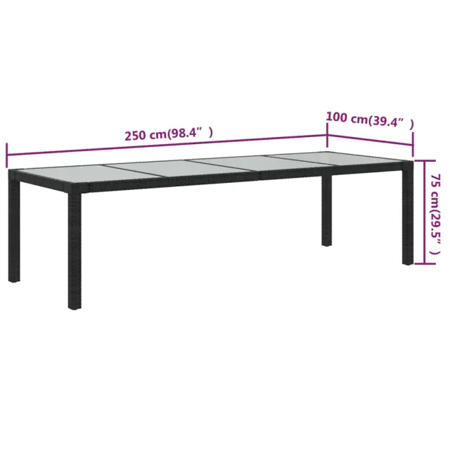 Table de jardin Noir 250x100x75 cm Verre trempé et poly rotin
