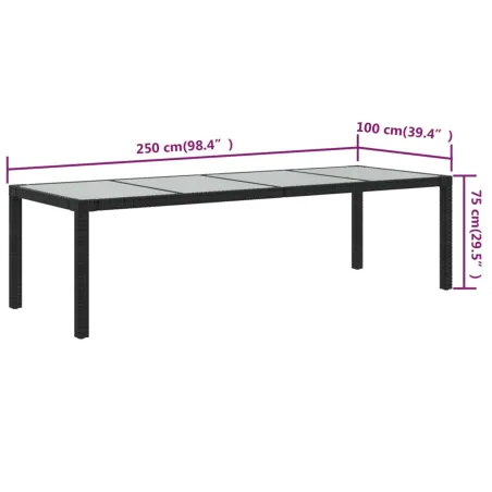 Table de jardin Noir 250x100x75 cm Verre trempé et poly rotin