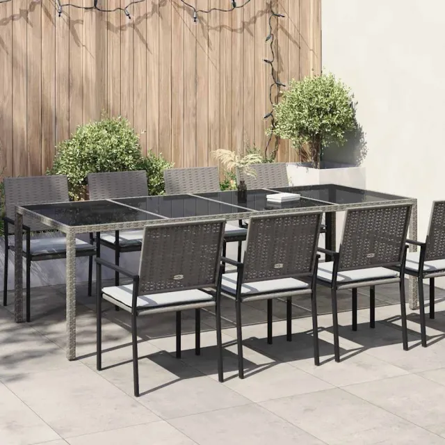 Table de jardin gris 250x100x75 cm Verre trempé et poly rotin