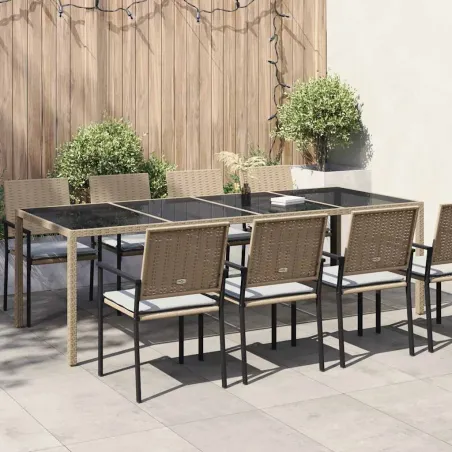 Table de jardin Beige 250x100x75 cm Verre trempé et poly rotin