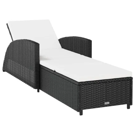 Chaise longue avec coussin blanc crème Résine tressée Noir 2