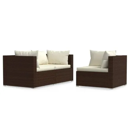 Salon de jardin 3 pcs avec coussins Marron Résine tressée 2