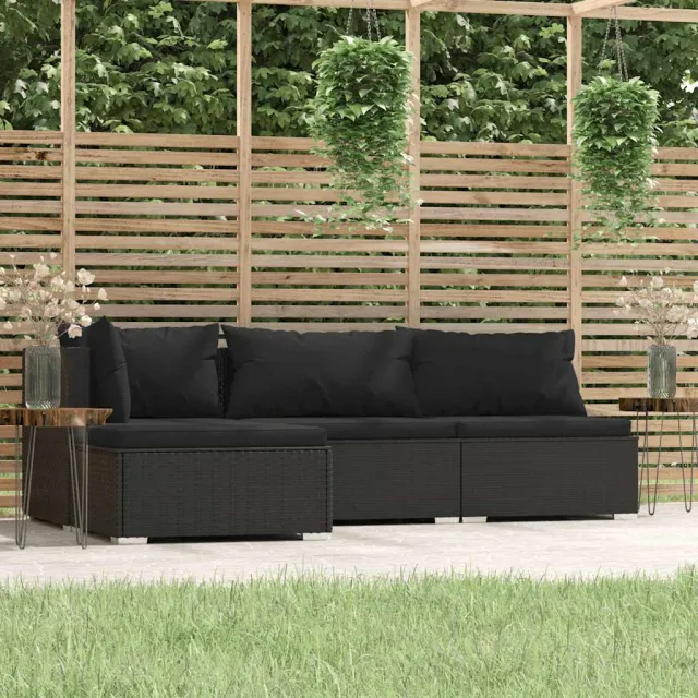 Salon de jardin 4 pcs avec coussins Noir Résine tressée