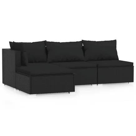 Salon de jardin 4 pcs avec coussins Noir Résine tressée 2
