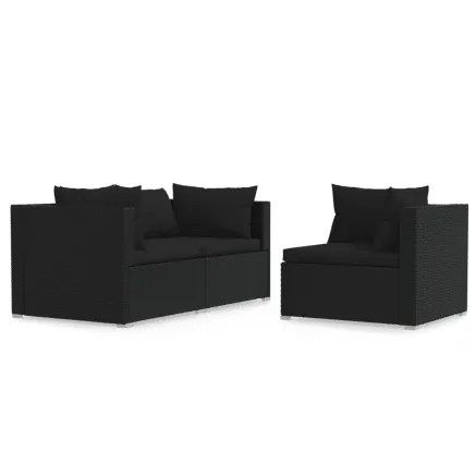 Salon de jardin 3 pcs avec coussins Noir Résine tressée 2