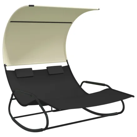 Chaise longue double à bascule avec auvent Noir et crème 2