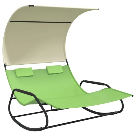 Chaise longue double à bascule avec auvent Vert et crème