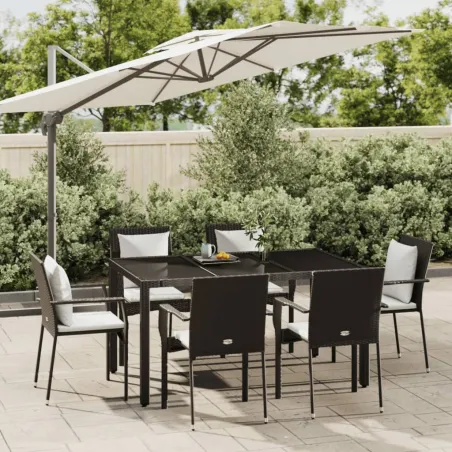 Ensemble à manger de jardin coussins 7pcs Noir Résine tressée