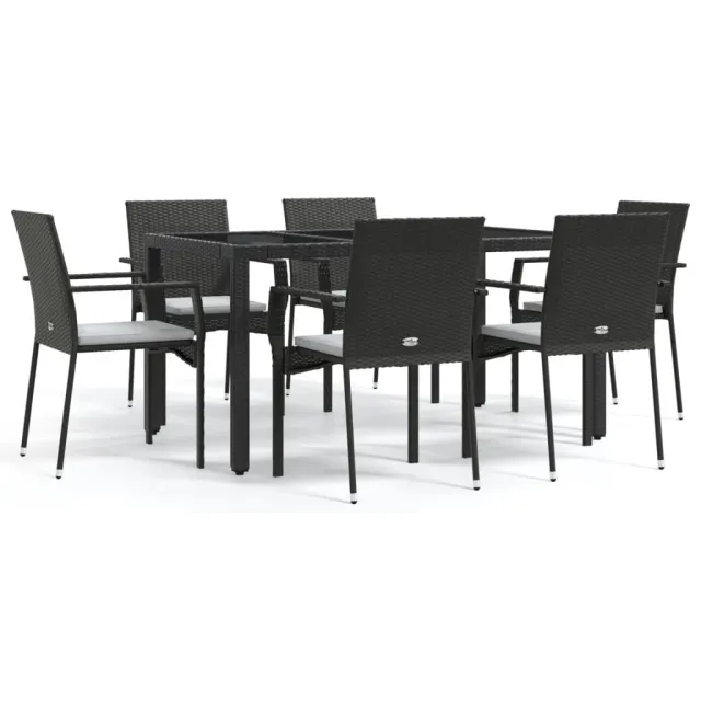 Ensemble à manger de jardin coussins 7pcs Noir Résine tressée