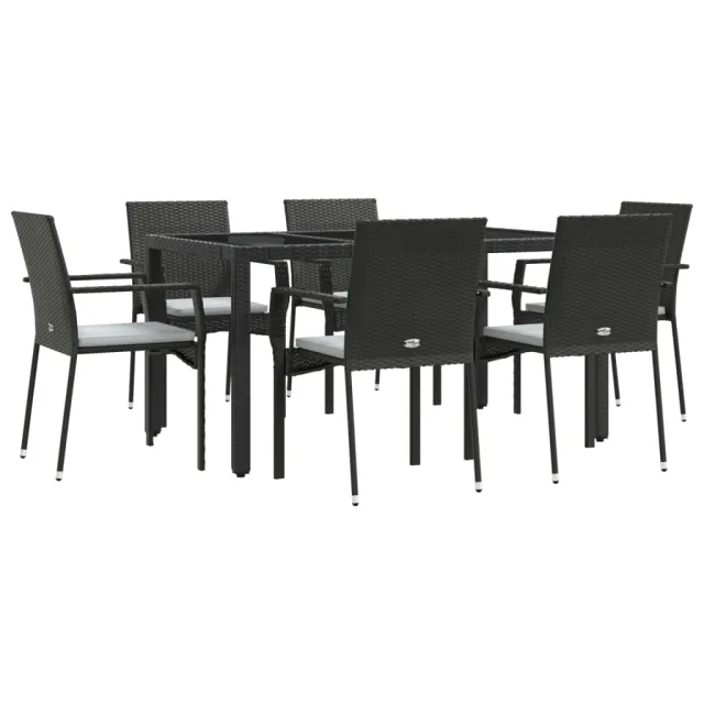 Ensemble à manger de jardin coussins 7pcs Noir Résine tressée