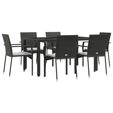 Ensemble à manger de jardin coussins 7pcs Noir Résine tressée
