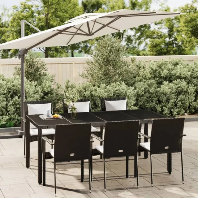 Ensemble à manger de jardin coussins 7pcs Noir Résine tressée
