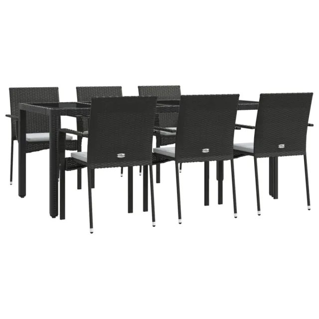 Ensemble à manger de jardin coussins 7pcs Noir Résine tressée