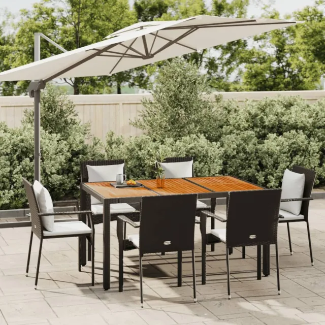 Ensemble à manger de jardin coussins 7pcs Noir Résine tressée