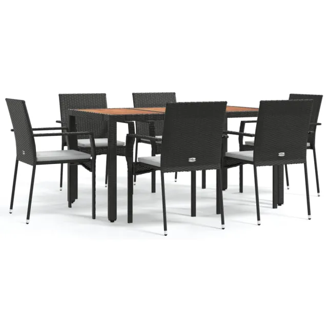 Ensemble à manger de jardin coussins 7pcs Noir Résine tressée