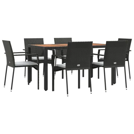Ensemble à manger de jardin coussins 7pcs Noir Résine tressée