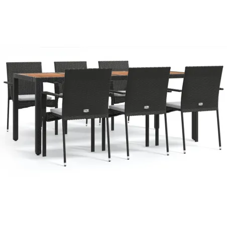 Ensemble à manger de jardin coussins 7pcs Noir Résine tressée
