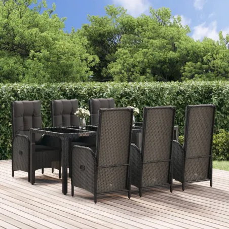 Ensemble à manger jardin et coussins 7 pcs Noir et gris Rotin