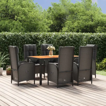 Ensemble à manger de jardin coussins 7pcs Noir Résine tressée